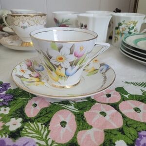 Art Deco Cup And Saucer Spring Flowers Enamel Phoenix England Forester AS IS